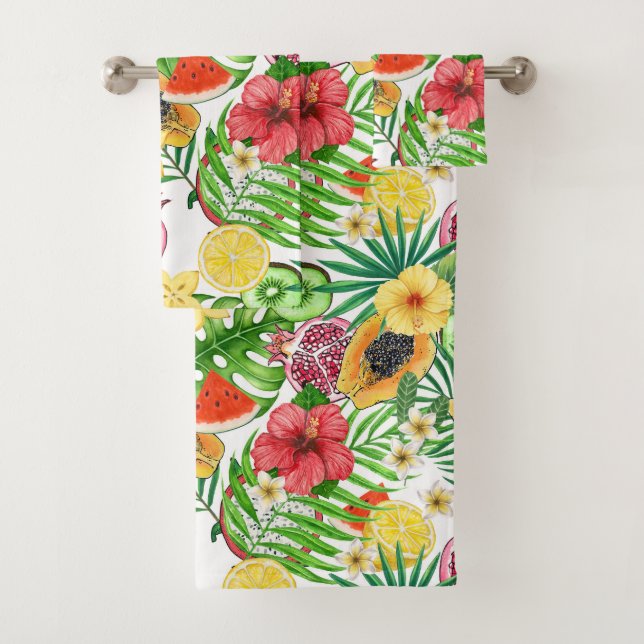 Tropische Michfrüchte, Blume und Blätter in Weiß Badhandtuch Set (Insitu)