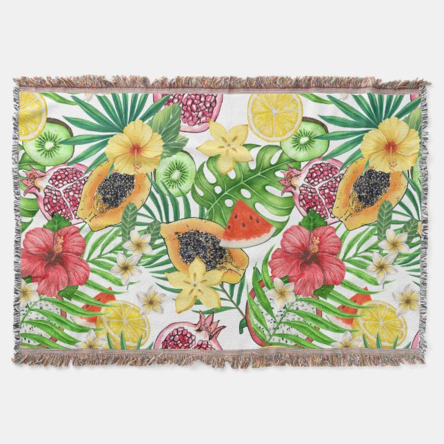 Tropische Michfrüchte, Blume und Blätter in Weiß Decke (Vorderseite)