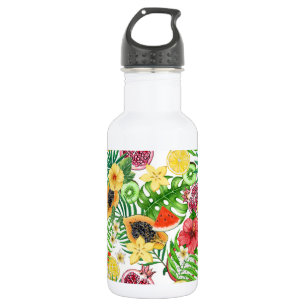 Tropische Michfrüchte, Blume und Blätter in Weiß Edelstahlflasche