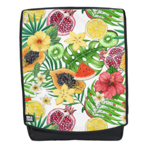 Tropische Michfrüchte, Blume und Blätter in Weiß Rucksack