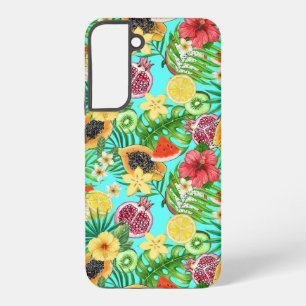 Tropische Mischfrucht, Blumen und Blätter auf Blau Samsung Galaxy Hülle
