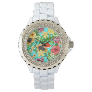 Tropische Mischfrüchte, Blume und Blätter auf blau Armbanduhr