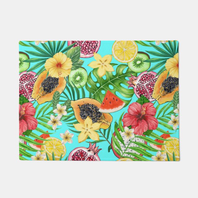 Tropische Mischfrüchte, Blume und Blätter auf blau Fußmatte (Vorderseite)