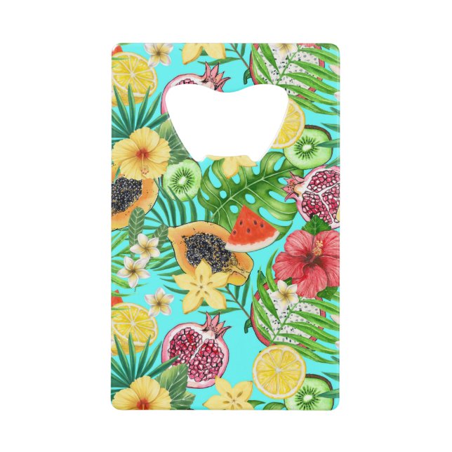 Tropische Mischfrüchte, Blume und Blätter auf blau Geldbeutel Flaschenöffner (Vorderseite)