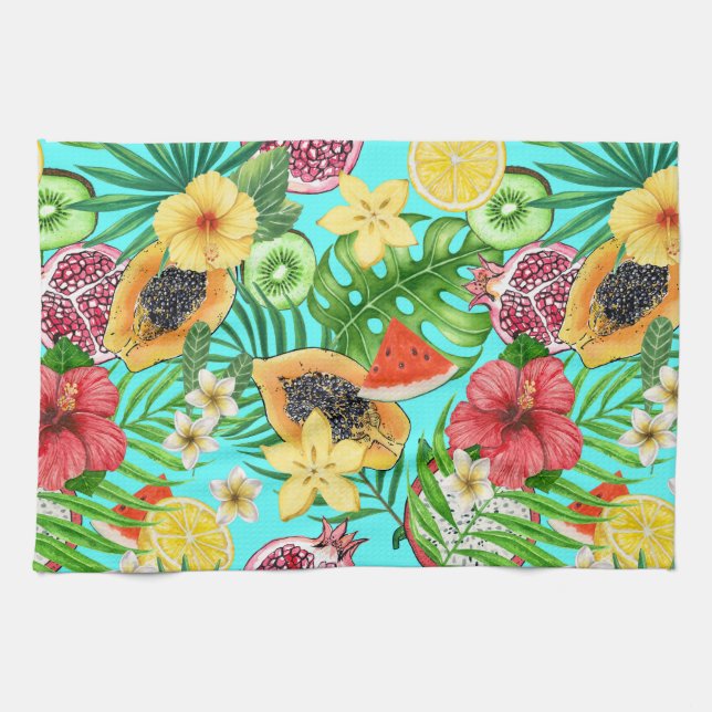 Tropische Mischfrüchte, Blume und Blätter auf blau Geschirrtuch (Horizontal)
