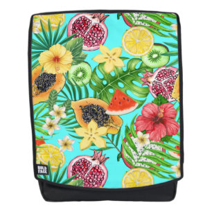 Tropische Mischfrüchte, Blume und Blätter auf blau Rucksack
