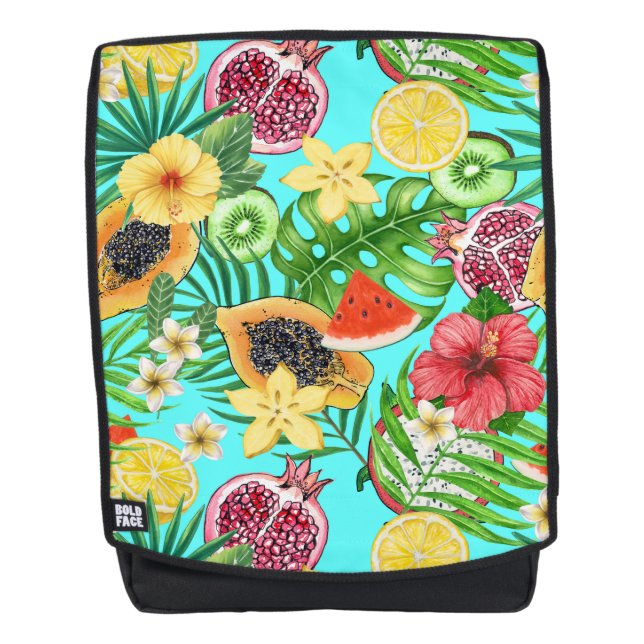 Tropische Mischfrüchte, Blume und Blätter auf blau Rucksack (Vorderseite)