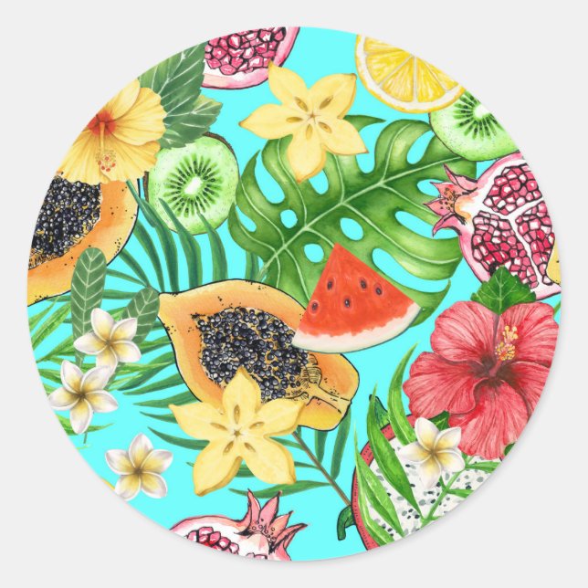 Tropische Mischfrüchte, Blume und Blätter auf blau Runder Aufkleber (Vorderseite)