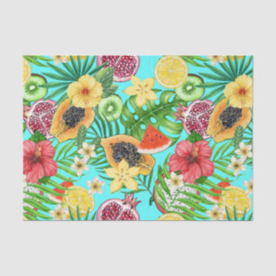 Tropische Mischfrüchte, Blume und Blätter auf blau Seidenpapier