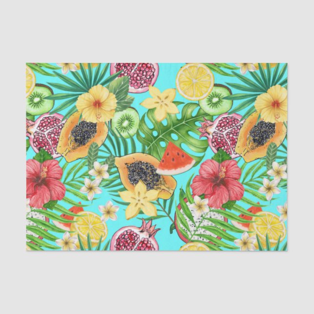 Tropische Mischfrüchte, Blume und Blätter auf blau Seidenpapier (Vorderseite)
