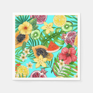 Tropische Mischfrüchte, Blume und Blätter auf blau Serviette