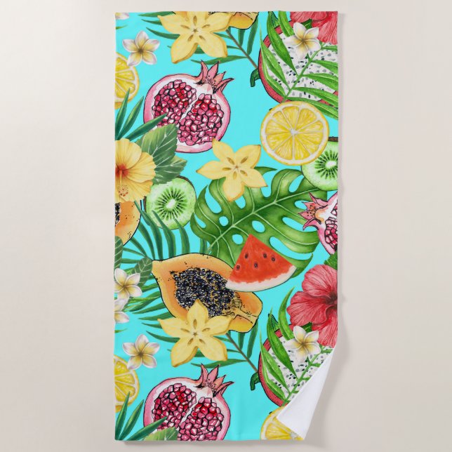Tropische Mischfrüchte, Blume und Blätter auf blau Strandtuch (Vorderseite)