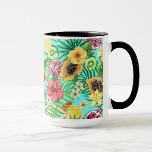 Tropische Mischfrüchte, Blume und Blätter auf blau Tasse