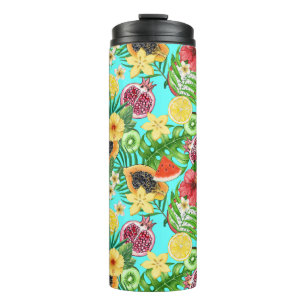 Tropische Mischfrüchte, Blume und Blätter auf blau Thermosbecher