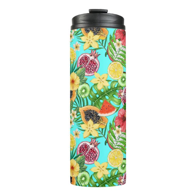 Tropische Mischfrüchte, Blume und Blätter auf blau Thermosbecher (Vorderseite)