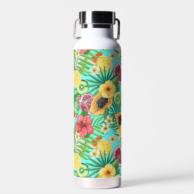 Tropische Mischfrüchte, Blume und Blätter auf blau Trinkflasche (Vorne)