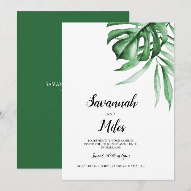 Tropische Monstera-Blatt-Hochzeit Einladung (Vorne/Hinten)