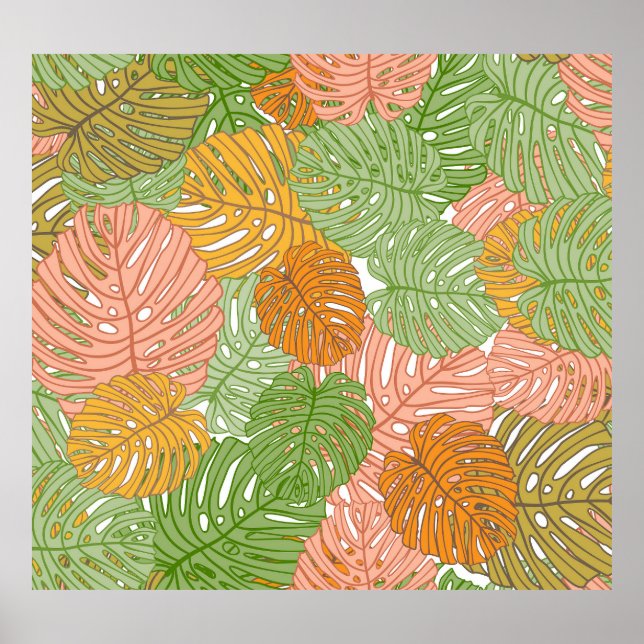 Tropische Monstera-Blätter, farbenfrohe, nahtlose  Poster (Vorne)