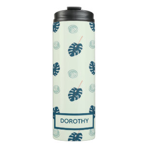 Tropische Monstera-Blätter Monogramm auf blau Thermosbecher