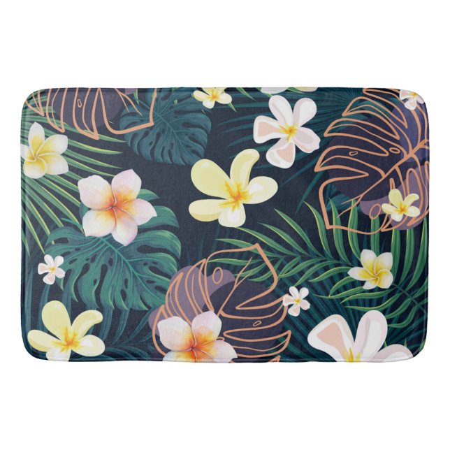 Tropische Monstera-Blätter Plumeria Blume Badematte (Vorderseite)