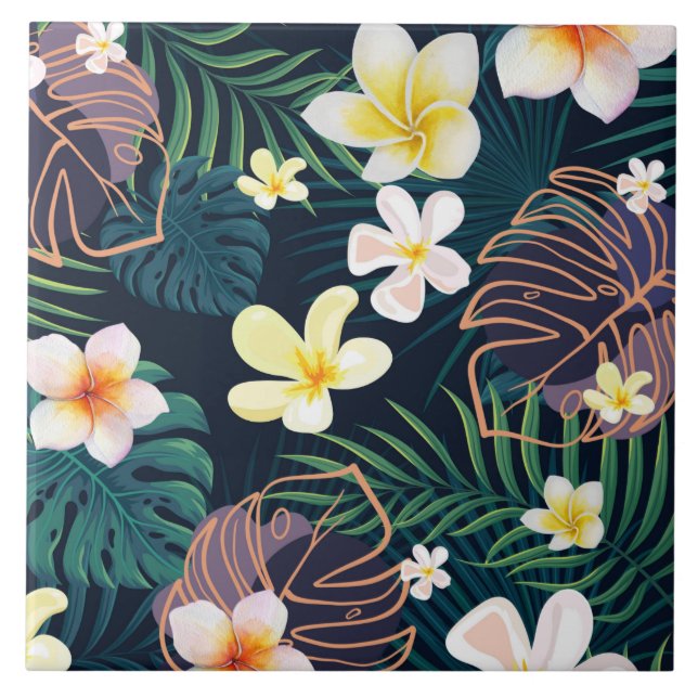 Tropische Monstera-Blätter Plumeria Blume Fliese (Vorderseite)