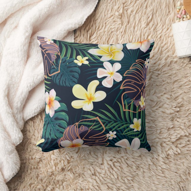 Tropische Monstera-Blätter Plumeria Blume Kissen (Decke)