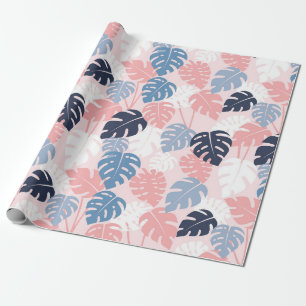 Tropische Monstera-Blätter rosa und staubblau Geschenkpapier