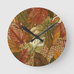 Tropische Monstera-Blätter Rost Grün Botanisch Runde Wanduhr