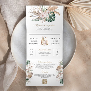 Tropische Monstera Boho Pampas QR Code Hochzeit Dreifach Gefaltete Einladung