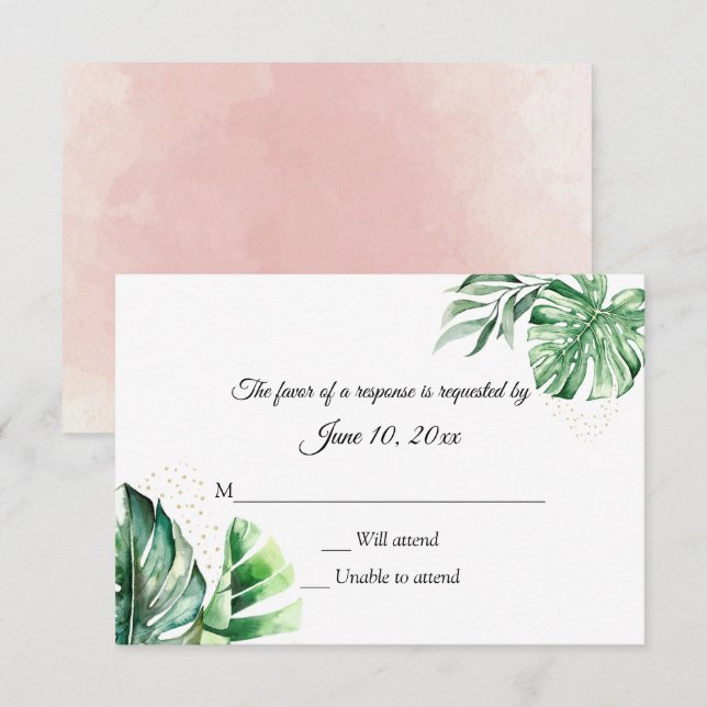 Tropische Monstera Botanicals & Gold Hochzeit RSVP Karte (Vorne/Hinten)