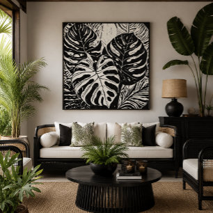 Tropische Monstera Linocut Stil Kunst Leinwanddruck