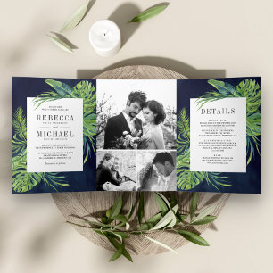 Tropische Monstera Palm Foto Collage Navy Hochzeit Dreifach Gefaltete Einladung