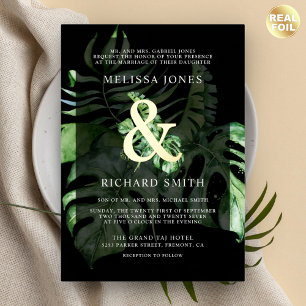Tropische Monstera Palme Schwarze Hochzeit Gold Folieneinladung