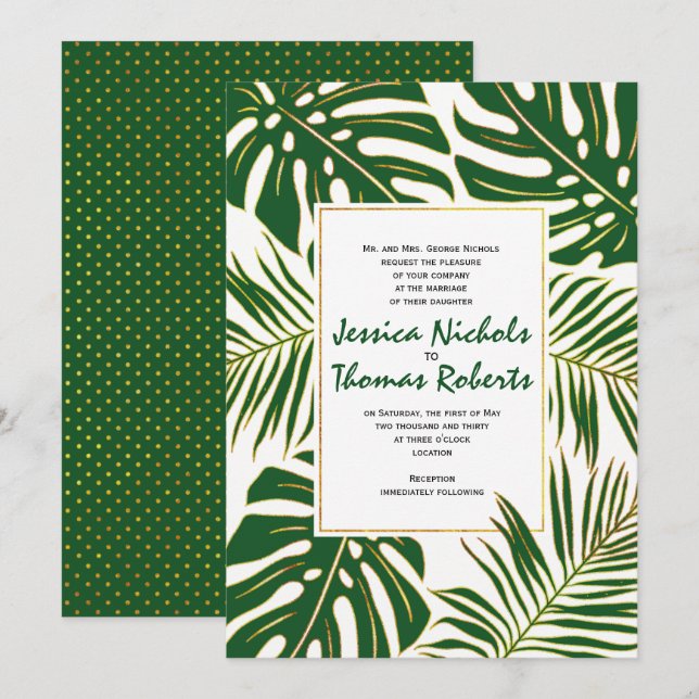 Tropische Monstera, Palmen Blätter Goldhochzeit Einladung (Vorne/Hinten)