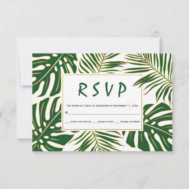 Tropische Monstera, Palmen Blätter Grüne Hochzeit  RSVP Karte (Vorderseite)