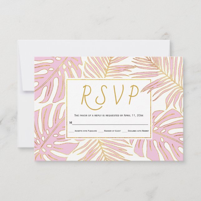 Tropische Monstera, Palmen Blätter Rosa Hochzeit R RSVP Karte (Vorderseite)