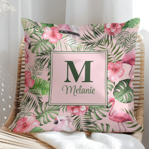 Tropische Monstera und Flamingo-Monogramm Kissen
