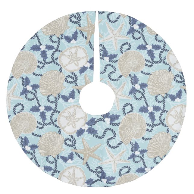 Tropische Muscheln an der Weihnachtsküste - Blau Polyester Weihnachtsbaumdecke (Vorderseite)