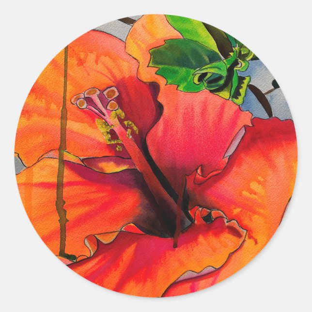 Tropische Neon Hibiskus Blume Runder Aufkleber (Vorderseite)