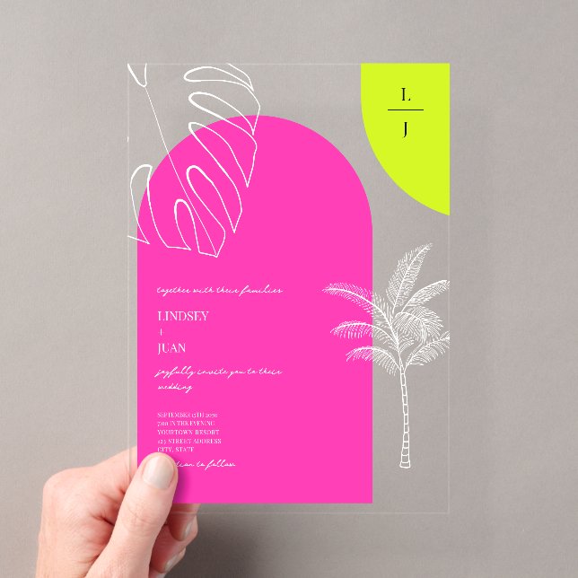 Tropische Neon Monogram Arches Wedding Acryleinladungen (Insitu (Handheld))