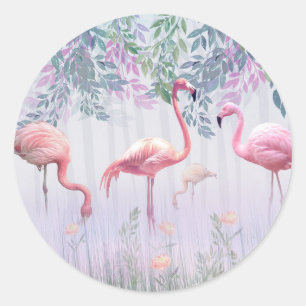 Tropische Niedliche Familie rosa Flamingos Runder Aufkleber