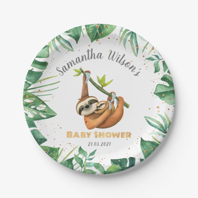 Tropische Niedliche Sloth Baby Dusche  Pappteller (Vorderseite)