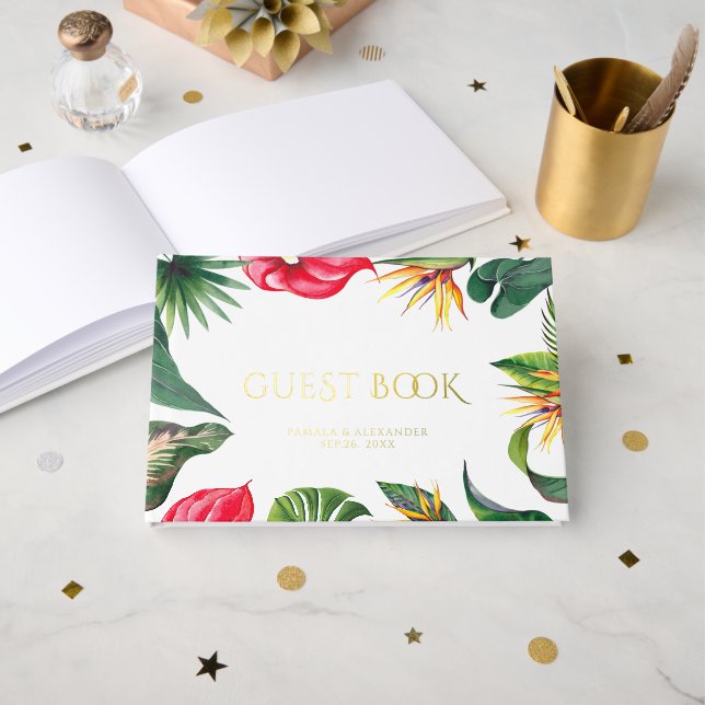 Tropische Oasces Blumenhochzeit Gästebuch (Vorderseite Offen)
