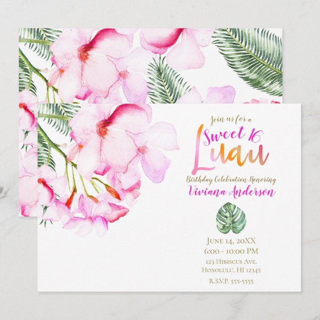 Tropische Oase Rosa Grünhawaiianischer Blumensüß 1 Einladung (Vorne/Hinten)