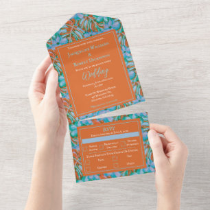 Tropische Orange- und Blaue Blumige Hochzeit All In One Einladung