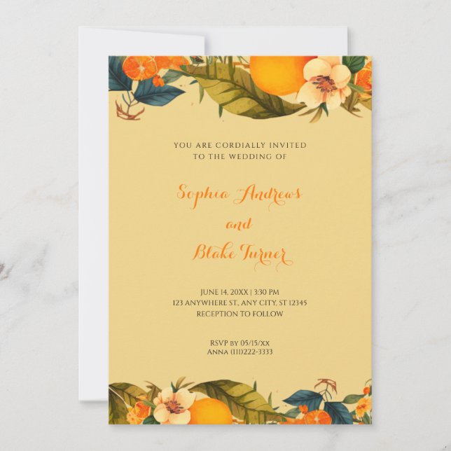 Tropische Orangen und Blume Gelbe Hochzeit Einladung (Vorderseite)