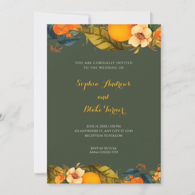 Tropische Orangen und Blume Grüne Hochzeit Einladung (Vorderseite)