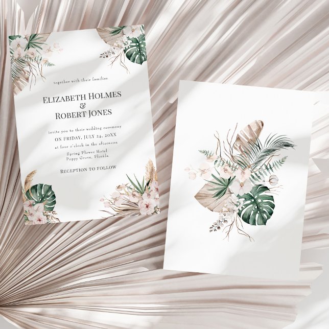 Tropische Orchidee und Monstera Hochzeit Einladung (Tropical Orchid and Monstera Wedding Invitation on a sunny white dry palm leaf.)