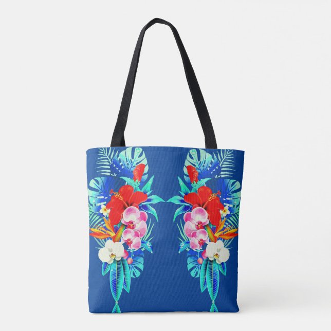 Tropische Orchideen und Blätter aus Palmen Hawaiia Tasche (Rückseite)
