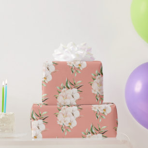 Tropische Orchideen und Palme auf Koralle Geschenkpapier